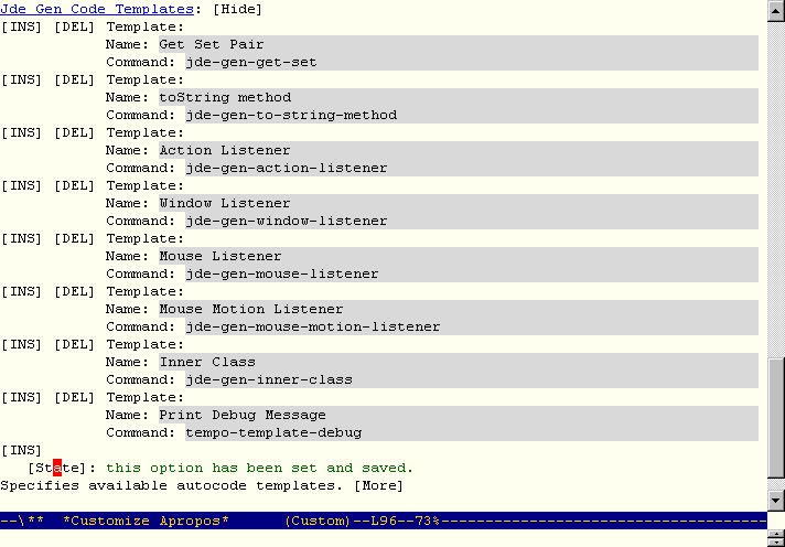 Screenshot showing customization buffer for
		    registering templates.