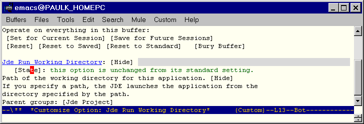 Screenshow showing customization buffer for
		    jde-run-working-directory.
