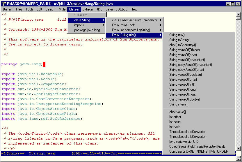 Screenshot showing Classes menu.