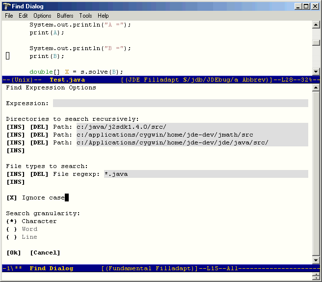 Screenshot showing the Find Expression Options buffer.