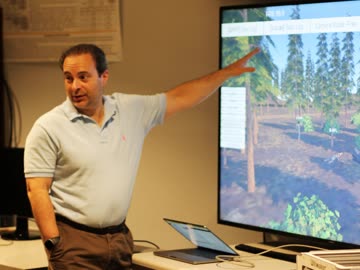 Researcher pointing at a virtual forest scene on a wall display