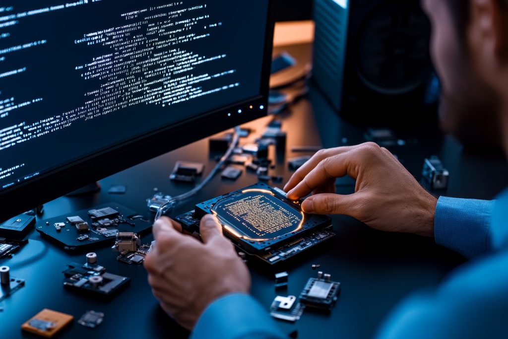 hands in front of computer with code on screen