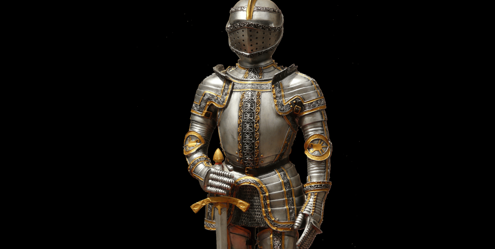 knight in shining armor against a black background