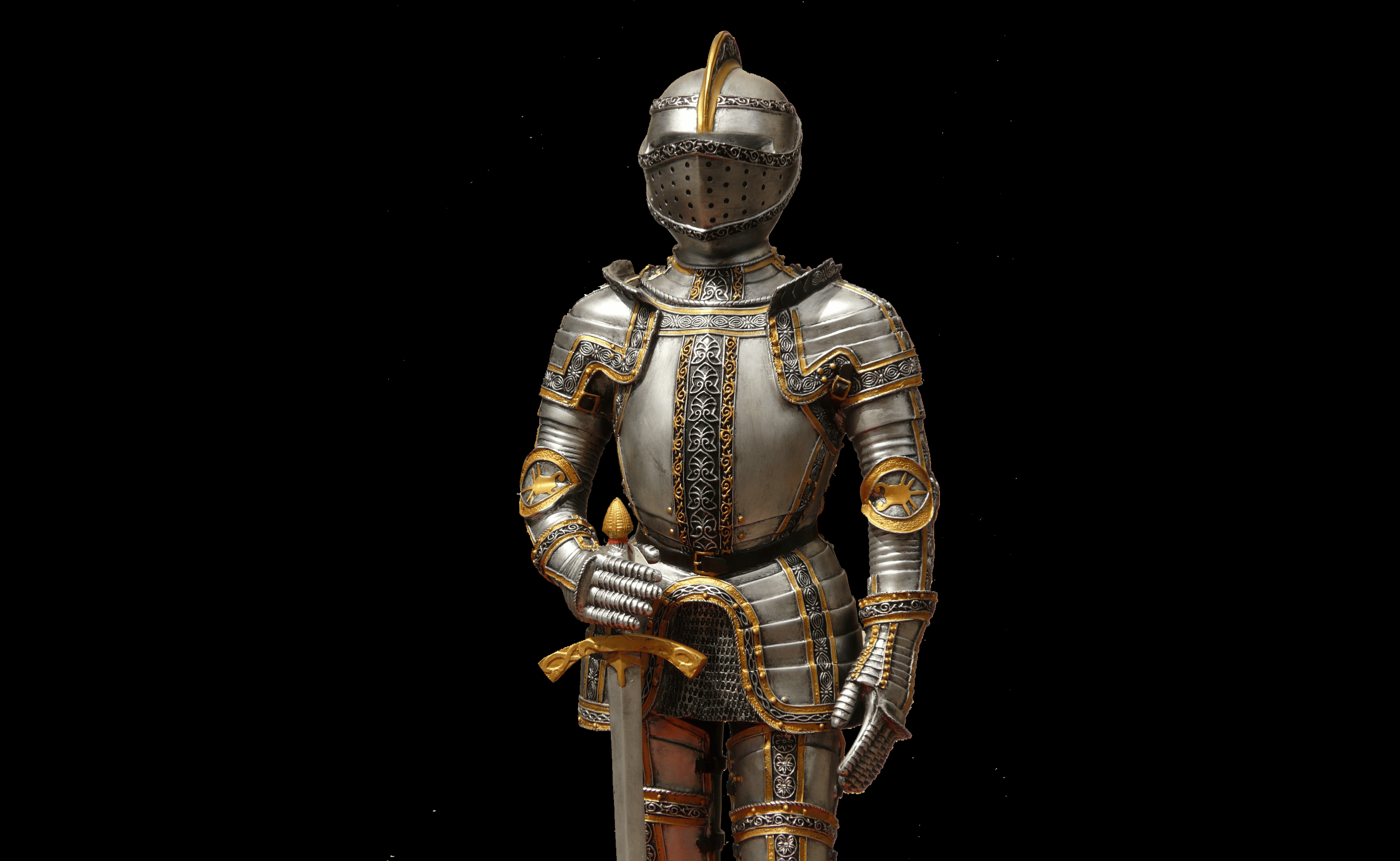 knight in shining armor against a black background