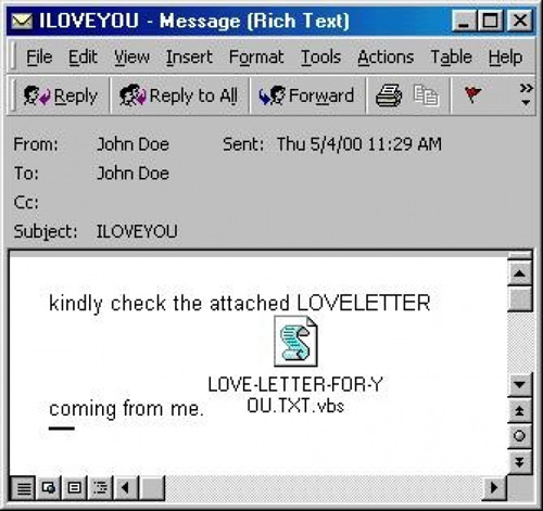 The ILOVEYOU computer worm message